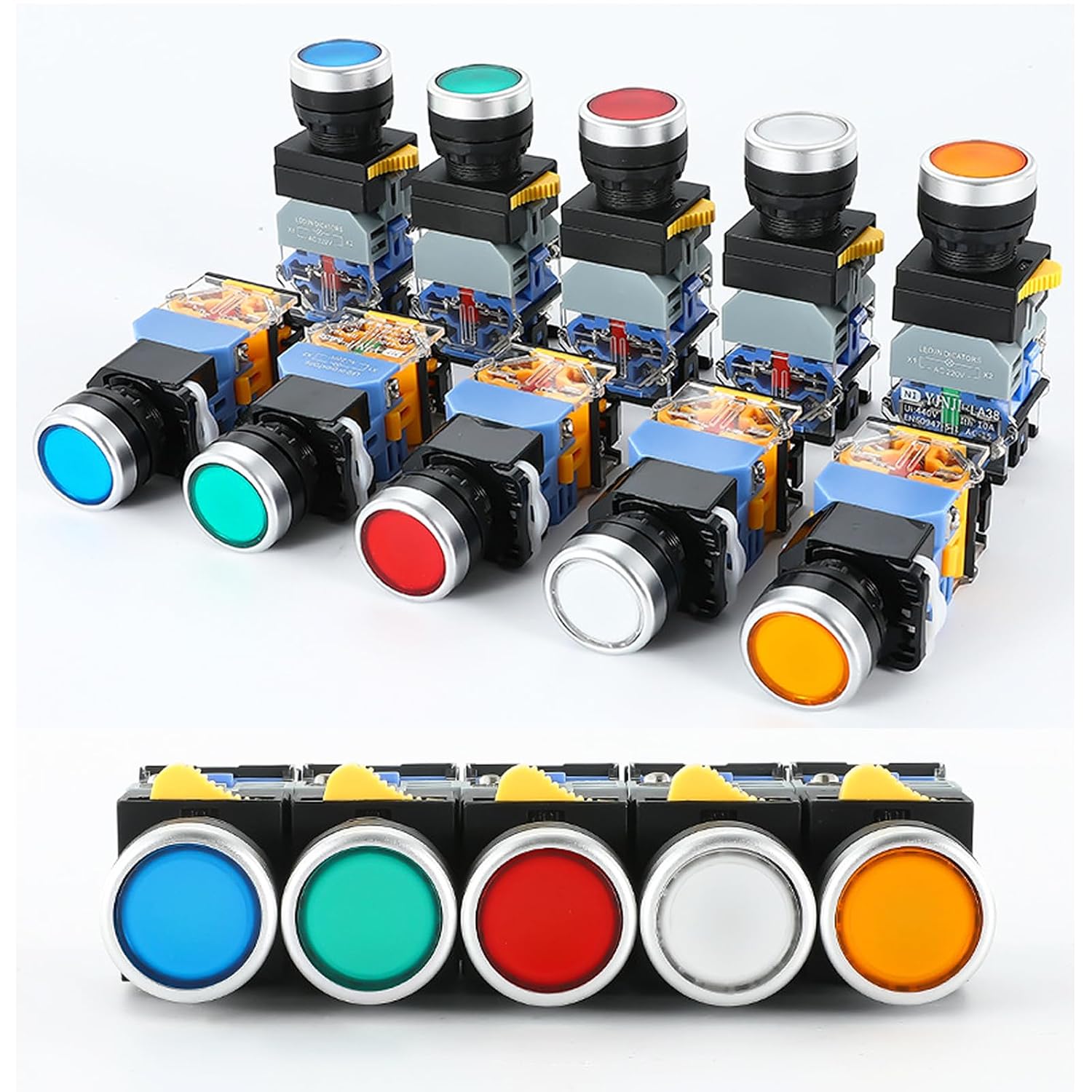 2-Pack 22mm Self Locking Push Button Switch with LED Light 24V DC DPST LA38-11DN Round Latching Pushbutton Switches for Electrical Electronic Applications - Red and Green