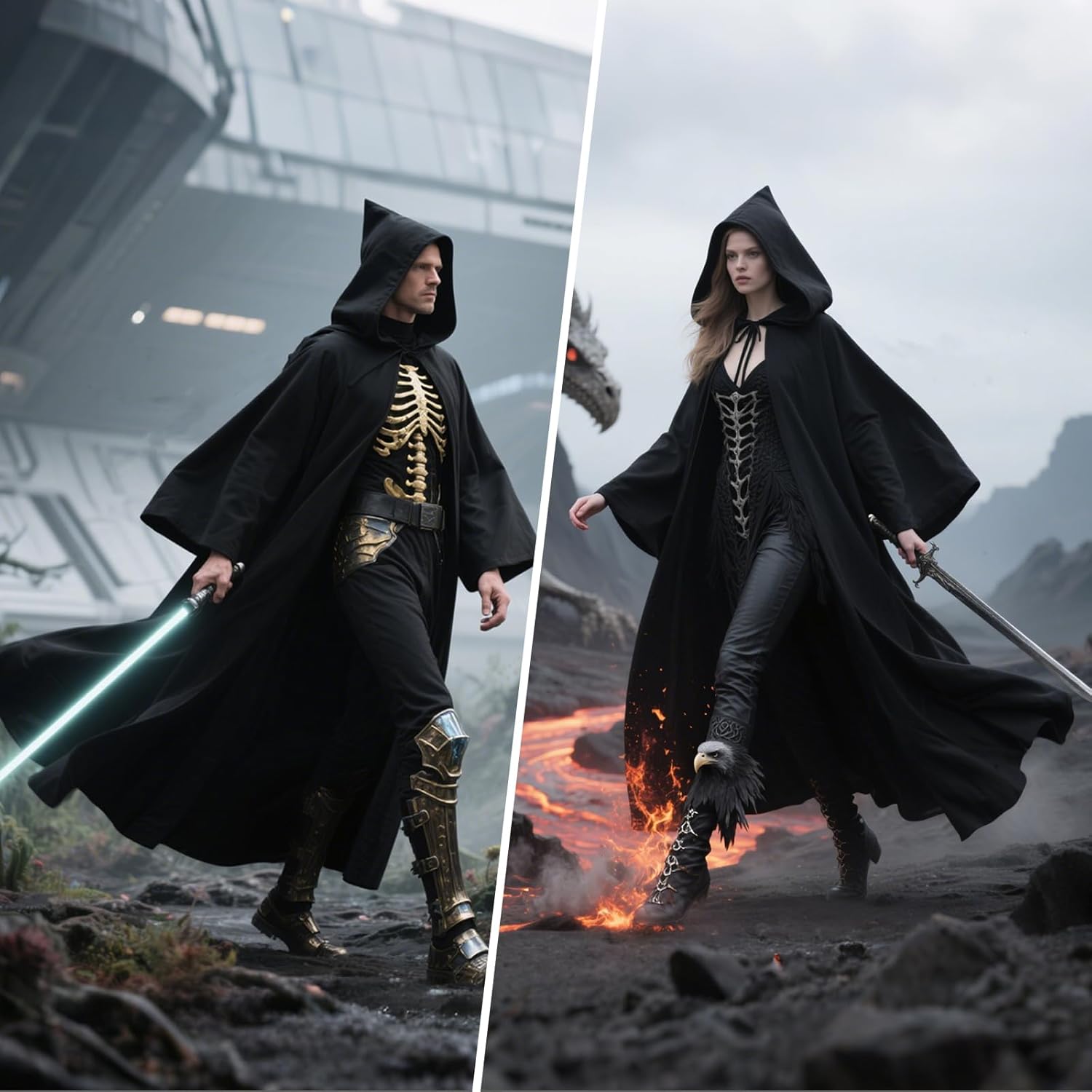 Men's Black Medieval Cloak Hooded Robe Costume - Halloween Cosplay Knight Cape Tunic Uniform for Adults - Image 9