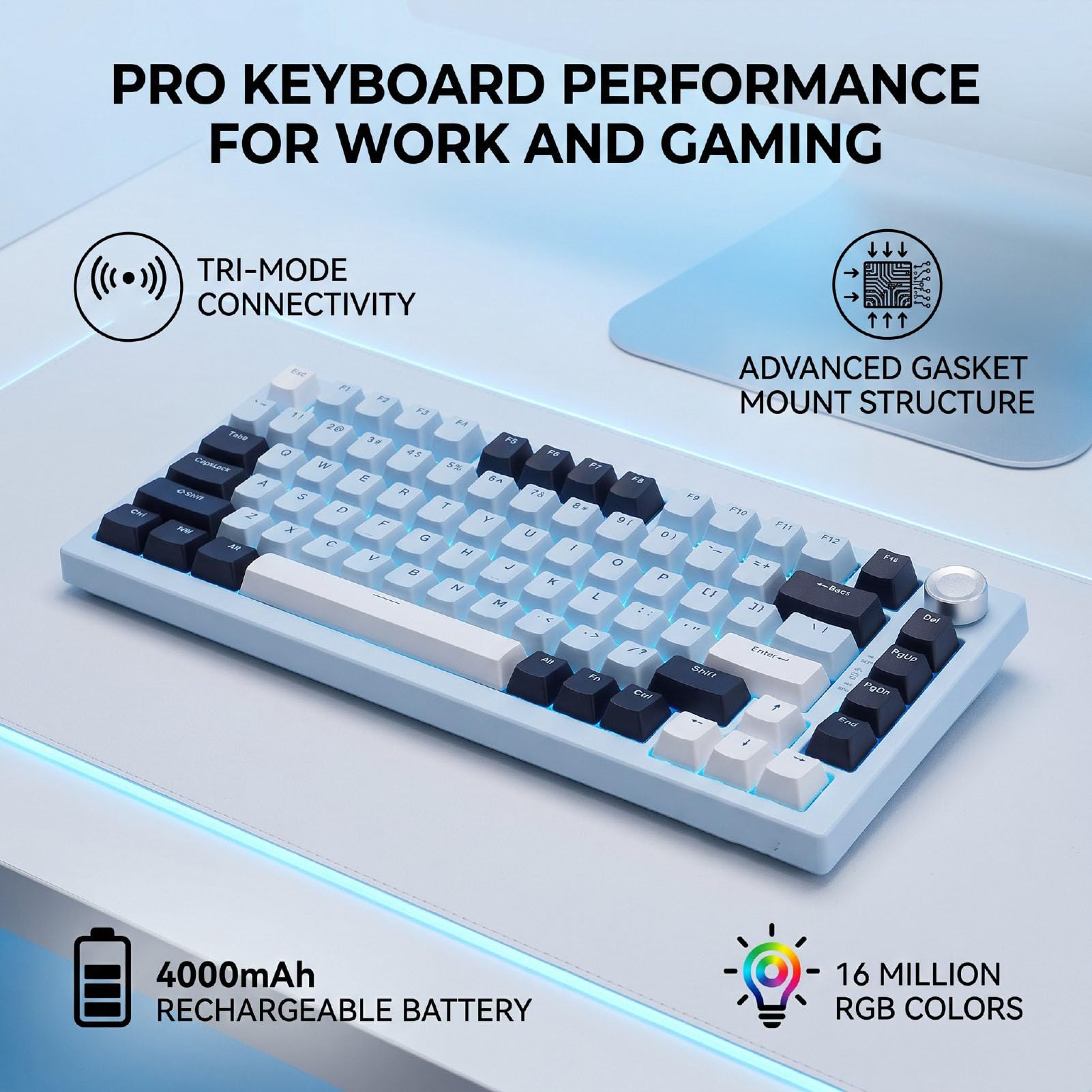 Luocute Tastiera Meccanica Wireless, Layout 81 Tasti 75% con Interruttore POM Blu 16 Milioni di Retroilluminazione RGB PBT Struttura Guarnizione Sostituibile a Caldo, per PC Portatile da (Blu Islanda)