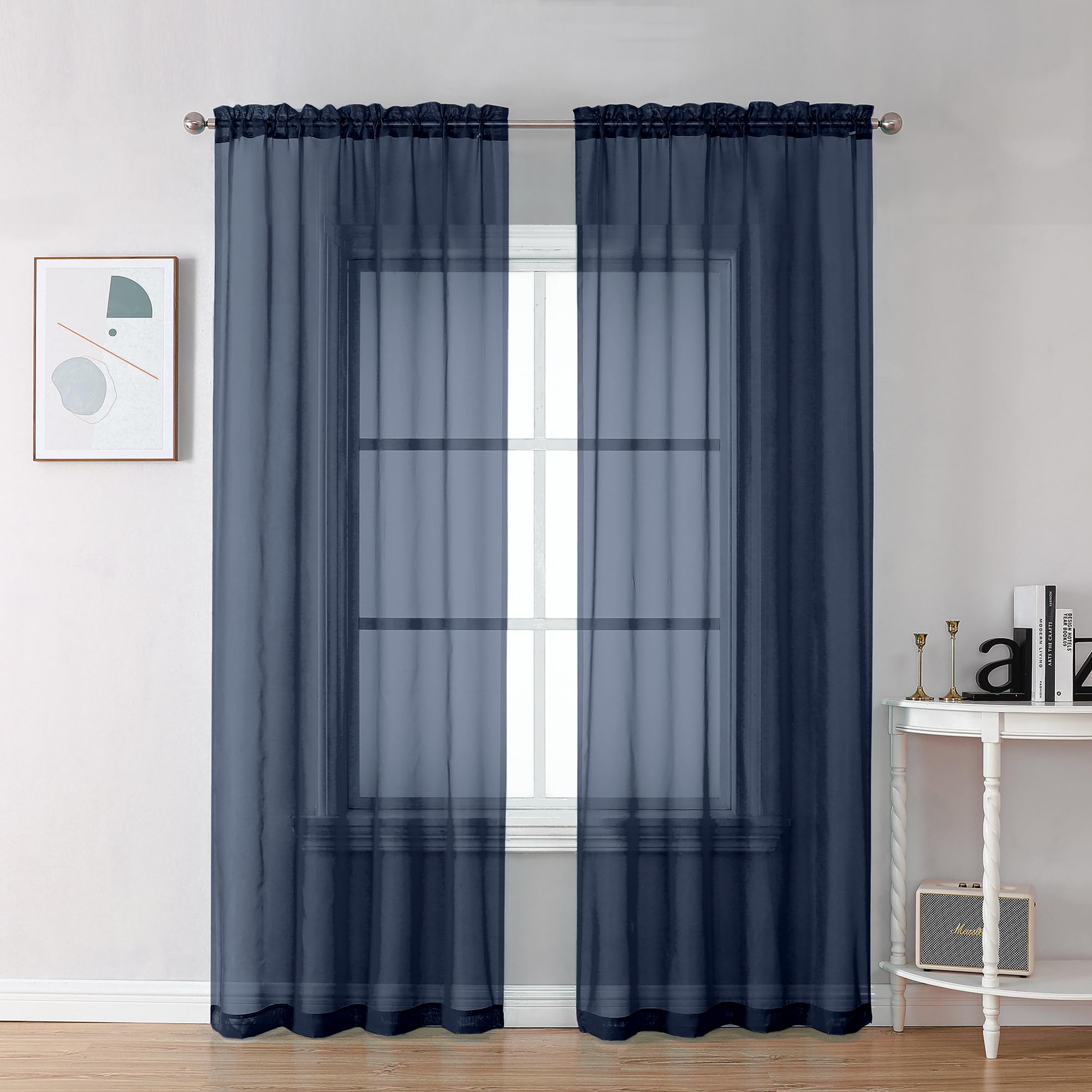 Chyhomenyc Sheer Navy Blue Curtains 90 inches Long 2 Panels, Light Filtering Soft Airy Solid Elegant Voile Window Treatment Drapes for Bedroom Living Room Wedding Party Decor, 42 Wx90 L Inches