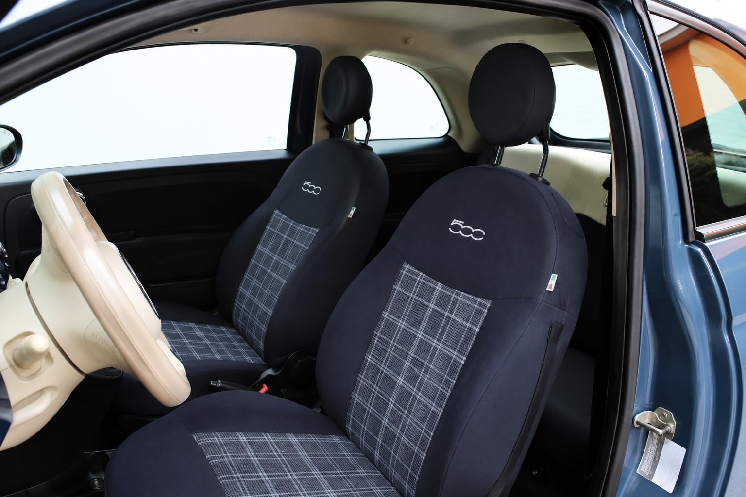 Italfodere Coprisedili Auto Compatibili con Fiat 500 – Fodere Complete Scozzese/Nero (Posteriore Diviso)