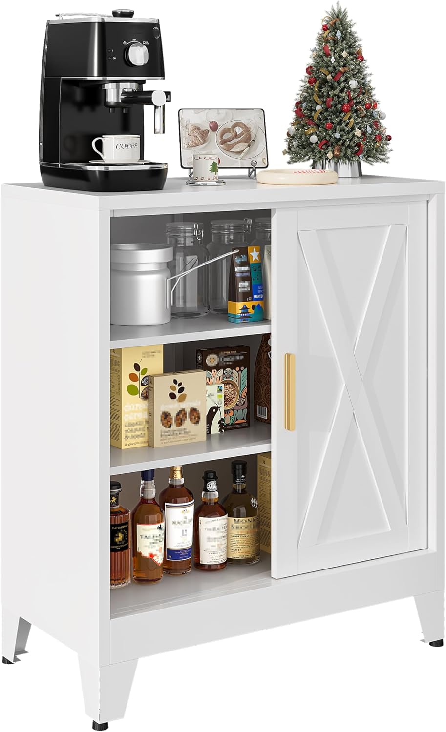 Kitchen Sideboard Buffet Cabinet with Storage, 37” H Metal Coffee Bar & Buffet Sideboard with Sliding Door & Adjustable Shelf, Small Pantry Storage Cabinet for Dining Room, Living Room, White