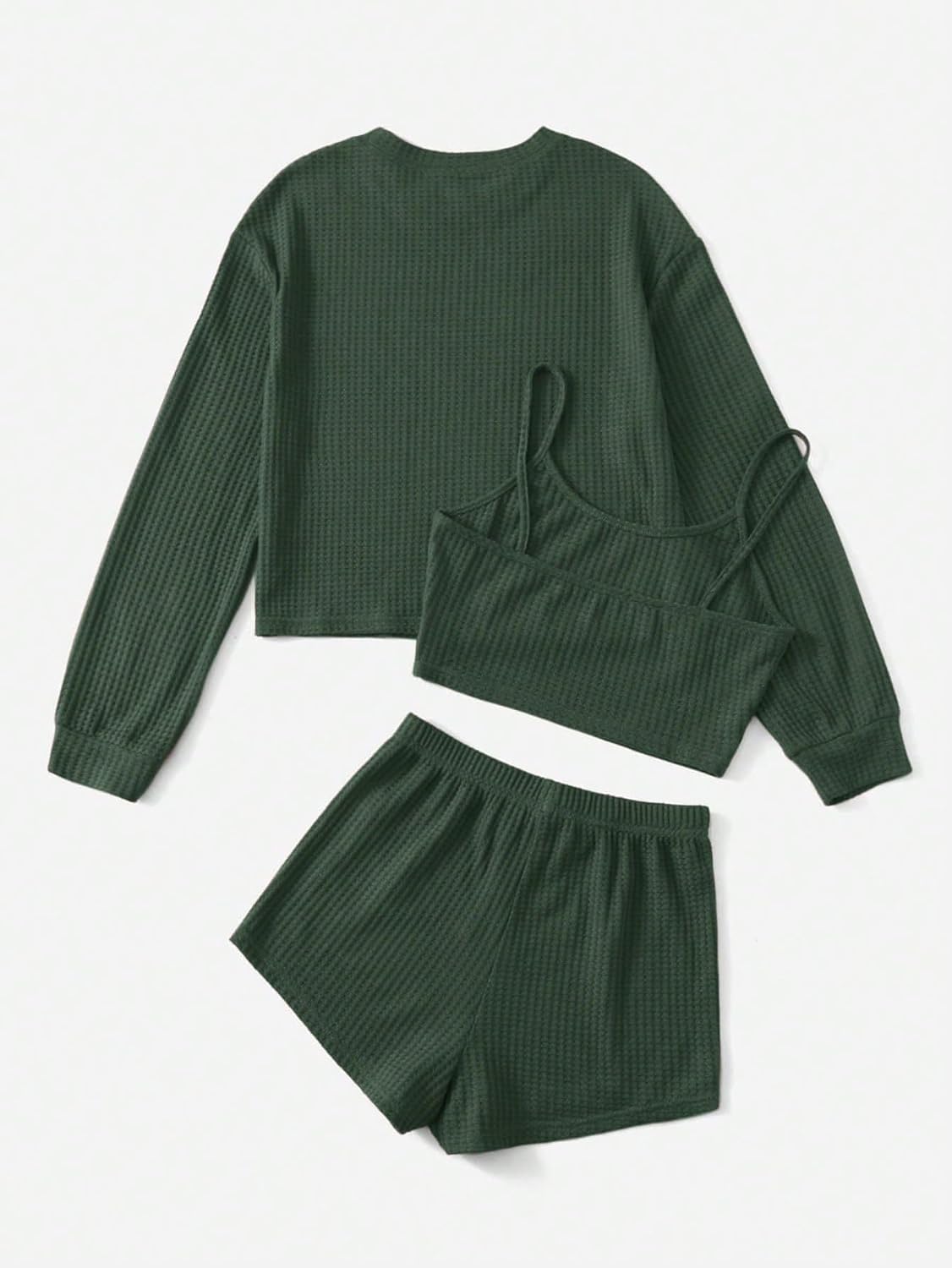 COZYEASE Women's 3 Piece Lounge Sets Ribbed Knit Cami Top Long Sleeve Tee Shirts and Shorts Pajama Sets - Image 2