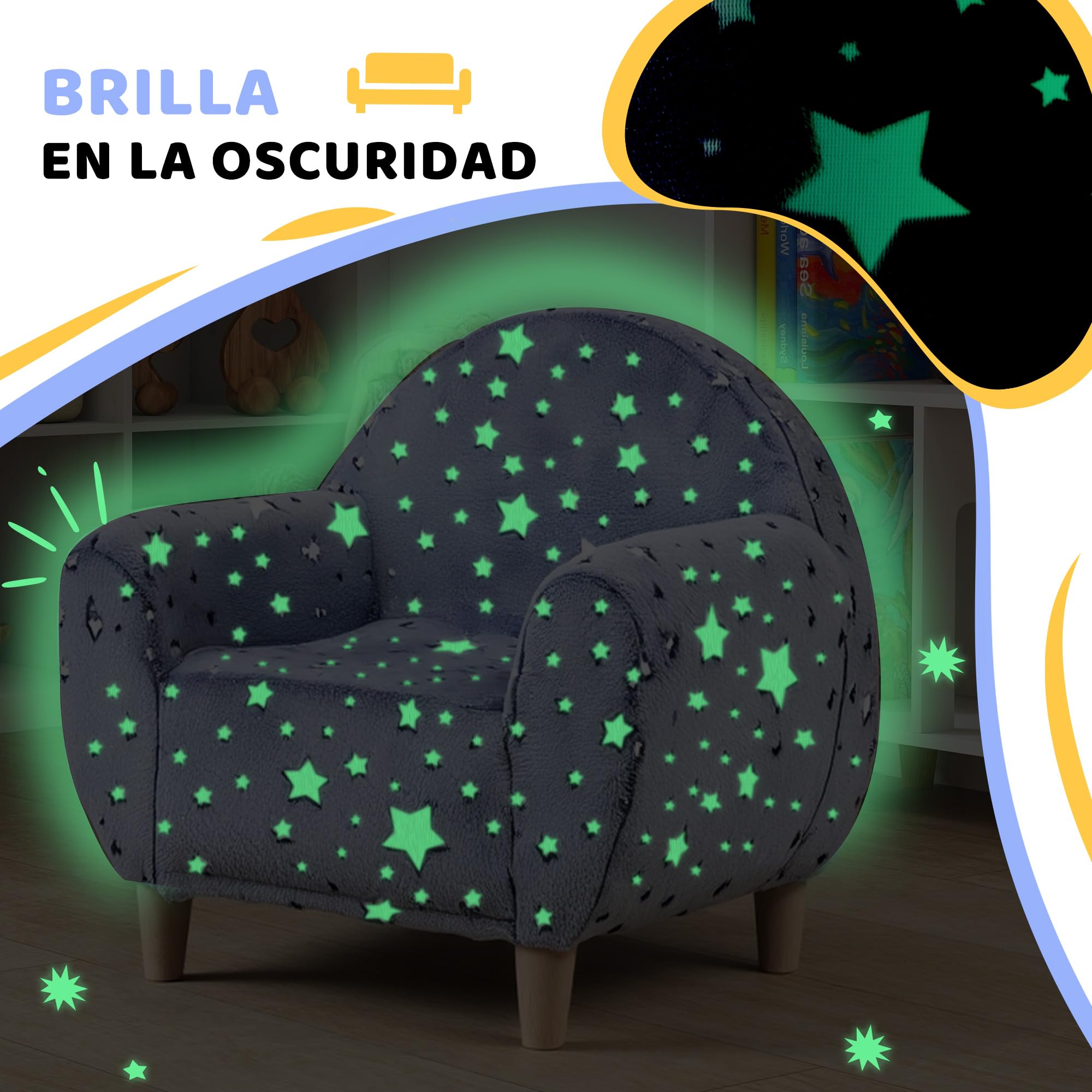 AIYAPLAY Sillón Infantil con Diseño de Estrellas Que Brillan en la Oscuridad Sofá para Niños de 18-36 Meses Tejido Suave de Terciopelo Reposabrazos Carga 45 kg Gris