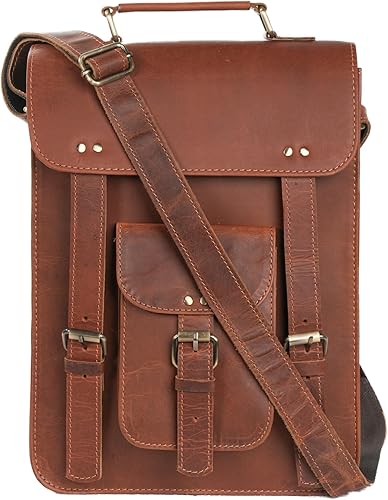 Miniatura 5 de Mochila de cuero vintage hecha a mano marrón para laptop y oficina para hombres y mujeres, maletín de 3 pulgadas, bolsa de mensajero de oficina