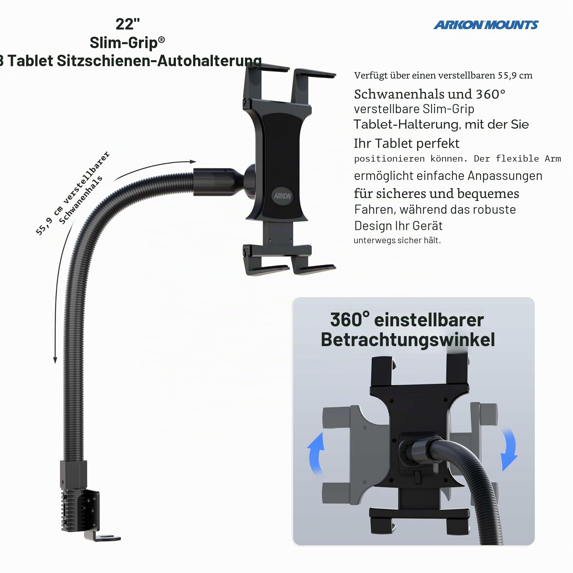 ARKON – Halterung für Autositzschiene oder Boden-Tablethalterung mit 56 cm langem Arm für iPad Pro, iPad Air 2, iPad Retail, Schwarz