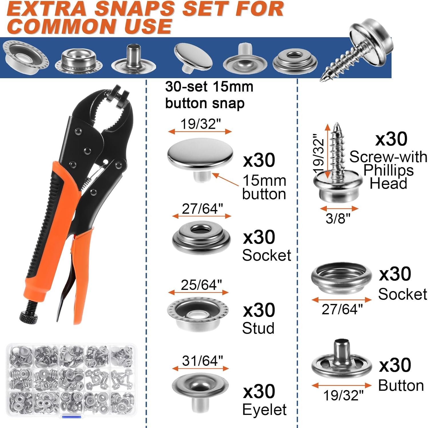 Heavy Duty Snap Fastener Tool kit - Adjustable Snap Setter Tool with 60-Set 15mm Snaps，Snap Button Installation Tool Kit for Replacing Boat Covers Metal Snaps, Canvas, Sewing, Tarps