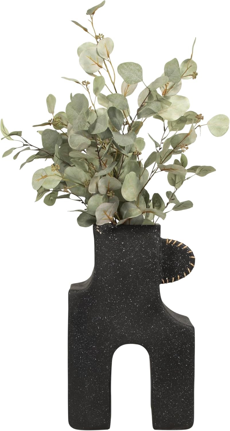 Handcrafted Flower Vase – Ecomix and Cane Vase, Decorative Flower Holder, Living Room or Office, Abstract Puzzle Pottery Design, Home Decor, Speckled Finish – 19 Inch, Black Pottery