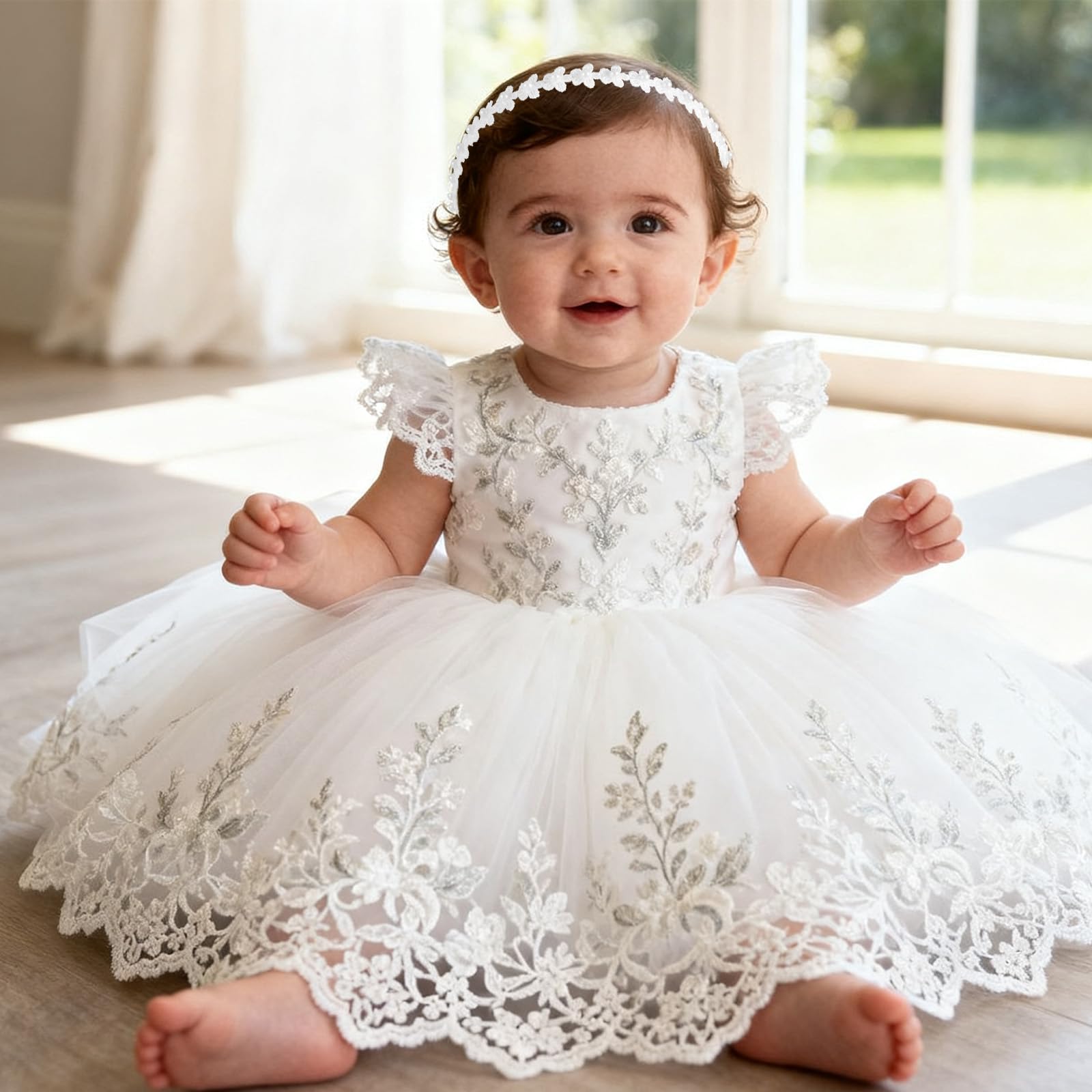Bandeau de Baptême Réglable en Dentelle, Élégant Bandeau Baptême Blanc avec Perles et Fleurs Accessoires pour Cheveux pour Filles Bébés et Nouveau-Nés