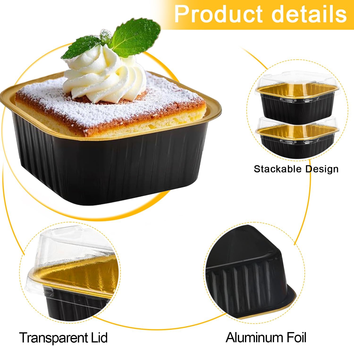 100 Pcs Black Square Aluminum Foil Baking Cups with Lids, 5oz Disposable Cupcake Pan with Lid, Mini Square Aluminum Cake Pans for Party Wedding Birthday - Image 6