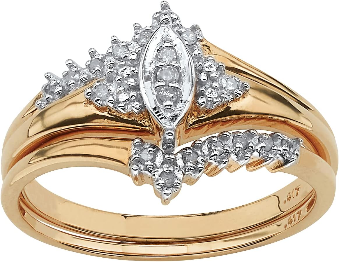PalmBeach 10K Yellow Gold Round Genuine Diamond Marquise Style Bridal Ring Set (1/10 cttw, I Color, I3 Clarity) Sizes 6-10