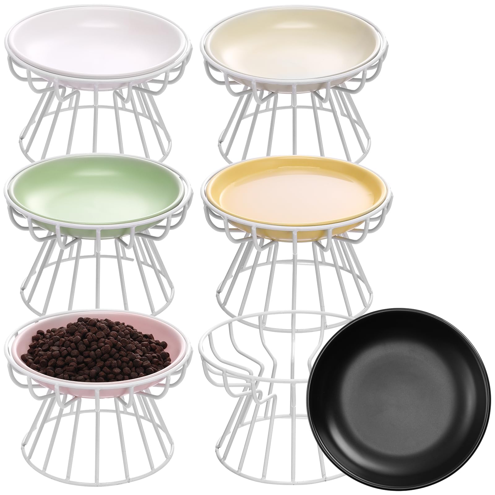Hushee 6 Pcs Raised Cat Bowls Elevated Ceramic Cat Food Bowls with Metal Stand Anti Vomit Feeding Dishwasher Safe Shallow Ceramic Water Food Plate for