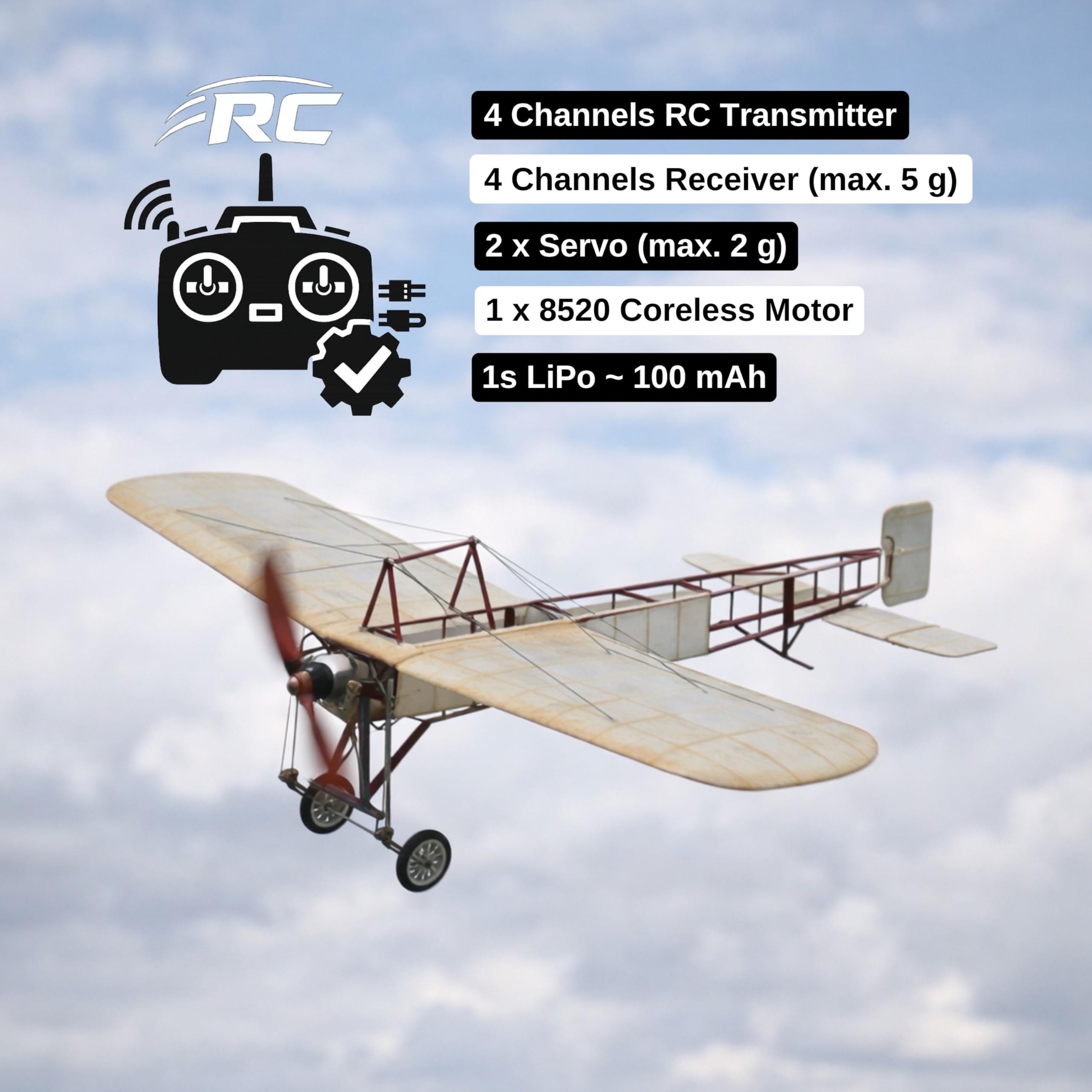 Blériot XI Slow Flyer Modellflugzeug Kit, Maßstab 1:20, 420 mm Spannweite, RC Flugzeugmodell Baukasten, Modell Flugzeug zum selbst Bauen, gelaserte Balsa Holz Bauteile, 420 x 370 x 130 mm, 30 g RTF