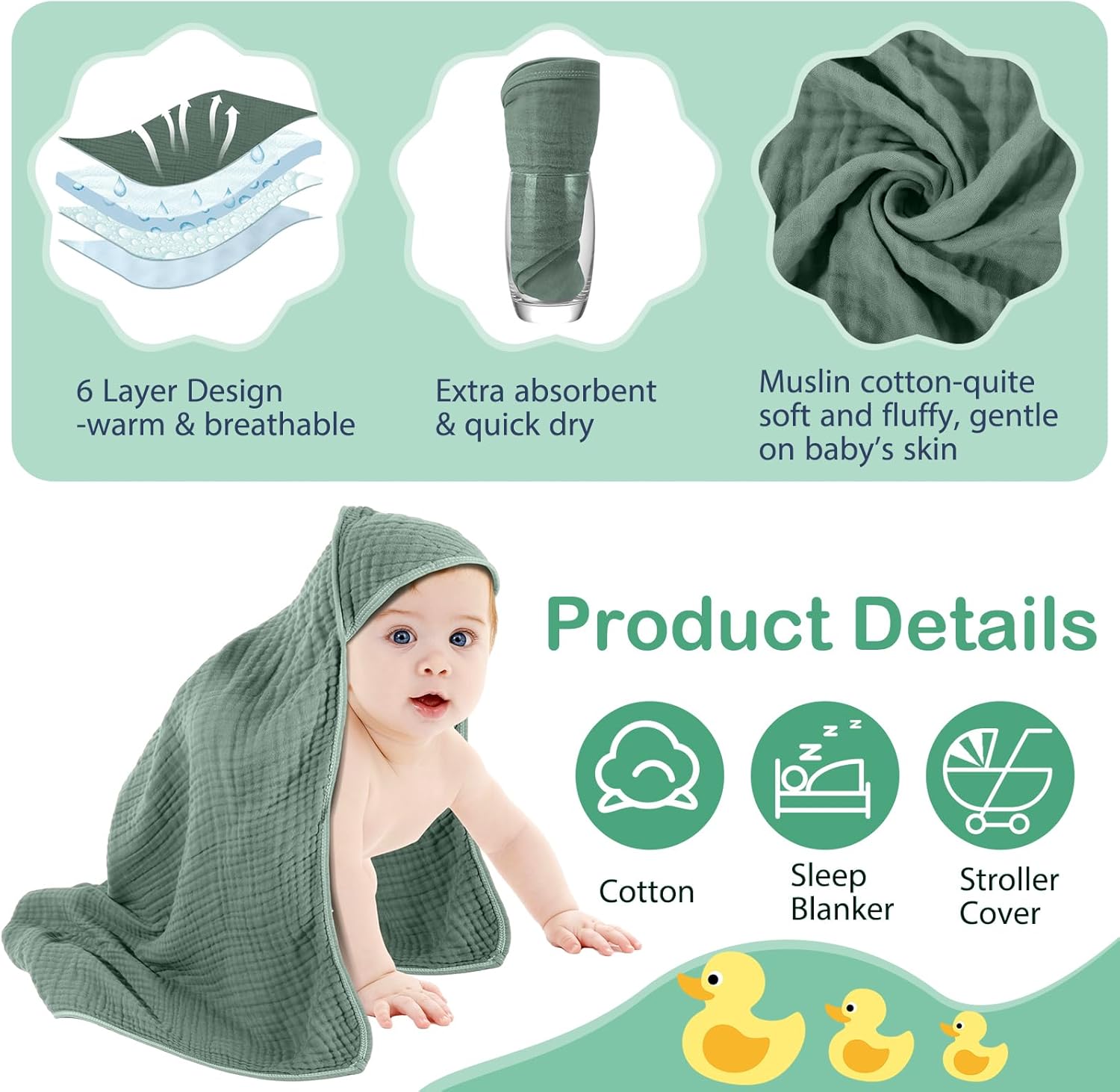 Peryiter 4 Pcs Muslin Hooded Baby Towels, 32"x 32" Cotton Newborn Bath Towel Muslin Infant Baby Blankets Absorbent Unisex Newborn Registry Gift Essentials for Girls Boys (Green,Gray,Brown,Blue)