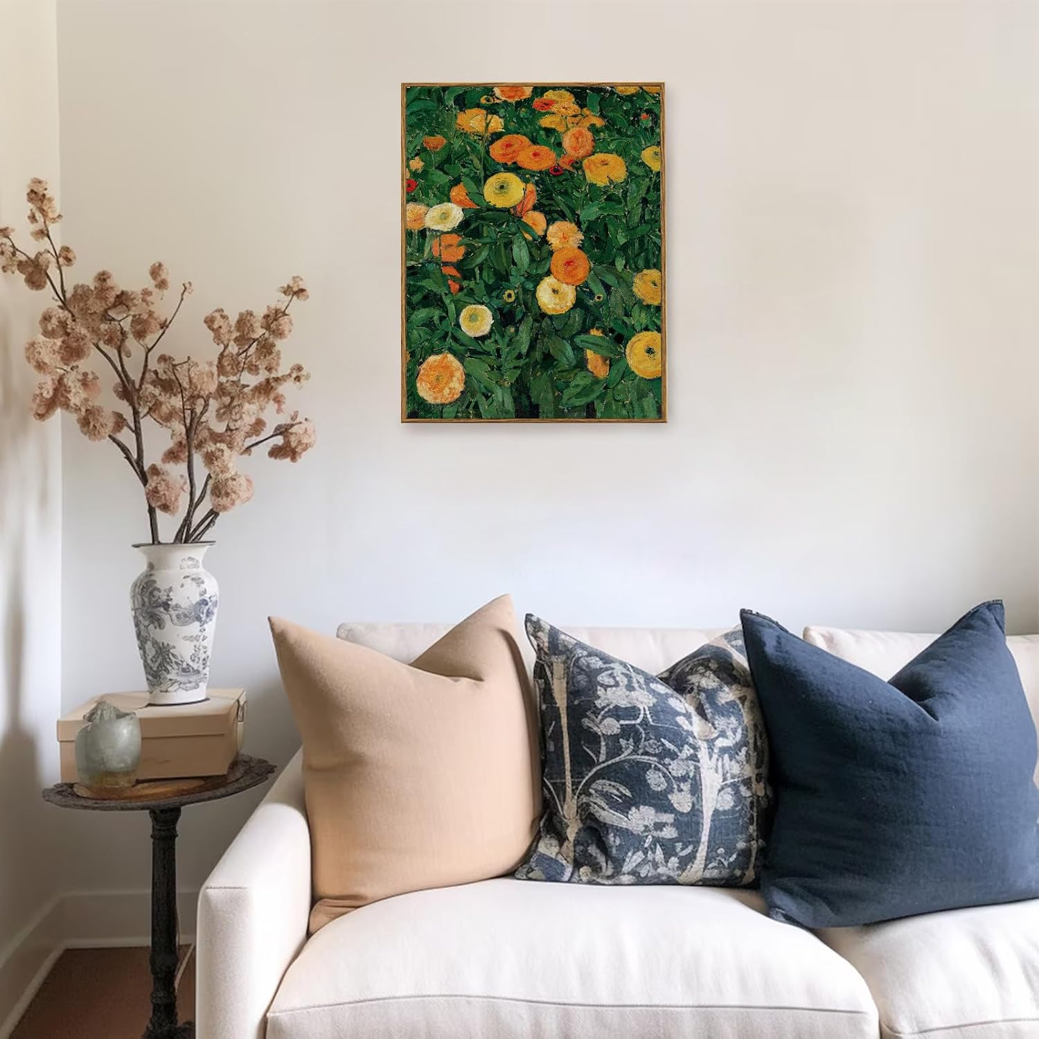 KBKBART Vintage Framed Marigolds Wall Art, Colorful Floral Canvas Print image 5