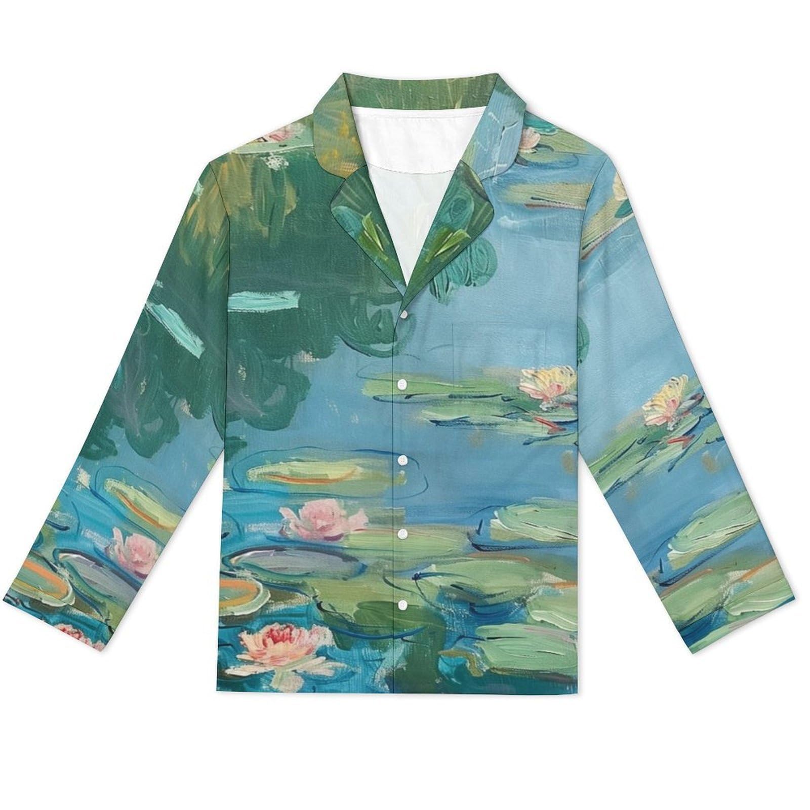 Completo Pigiama da Uomo 2 Pezzi - Paesaggio di Loto Pigiama A Maniche Lunghe Abbigliamento da Casa 2 Pezzi Top + Pantaloni Morbido E Caldo Pigiama Autunnale E Invernale