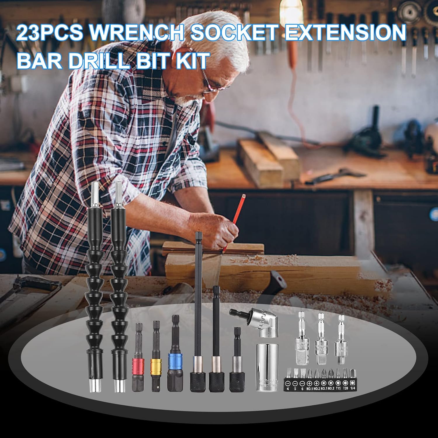 23pcs Wrench Socket Extension Bar Kit Universal Tool Set Hex Shank 105° Right Angle Adapter Drill Attachment