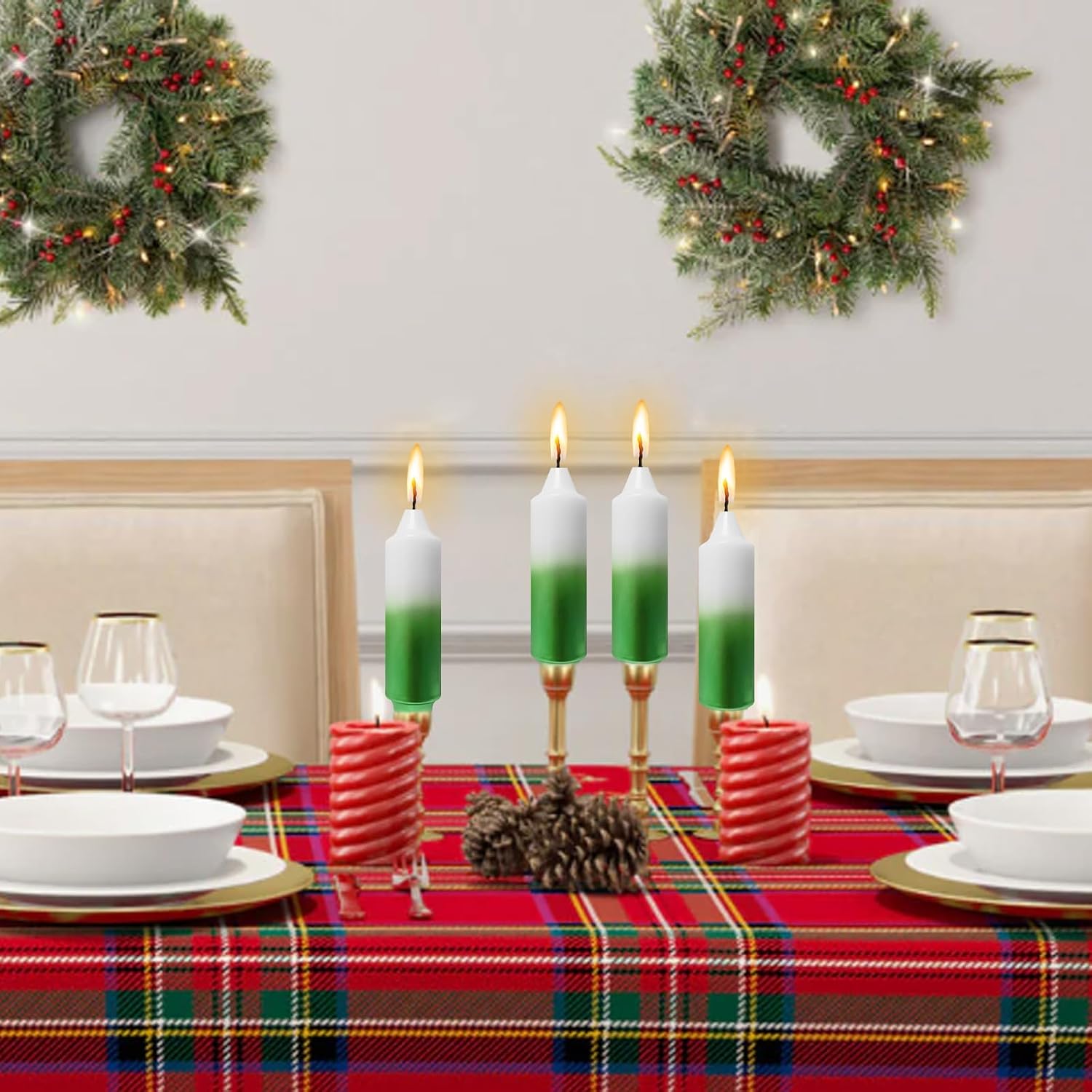 NJAO HOO Green Christmas Candles 5 Inch Short Taper Candle Metallic Candlesticks Unscented Candle Set for Home Decor Christmas Party Dinner Candles, 4 Pack image 2