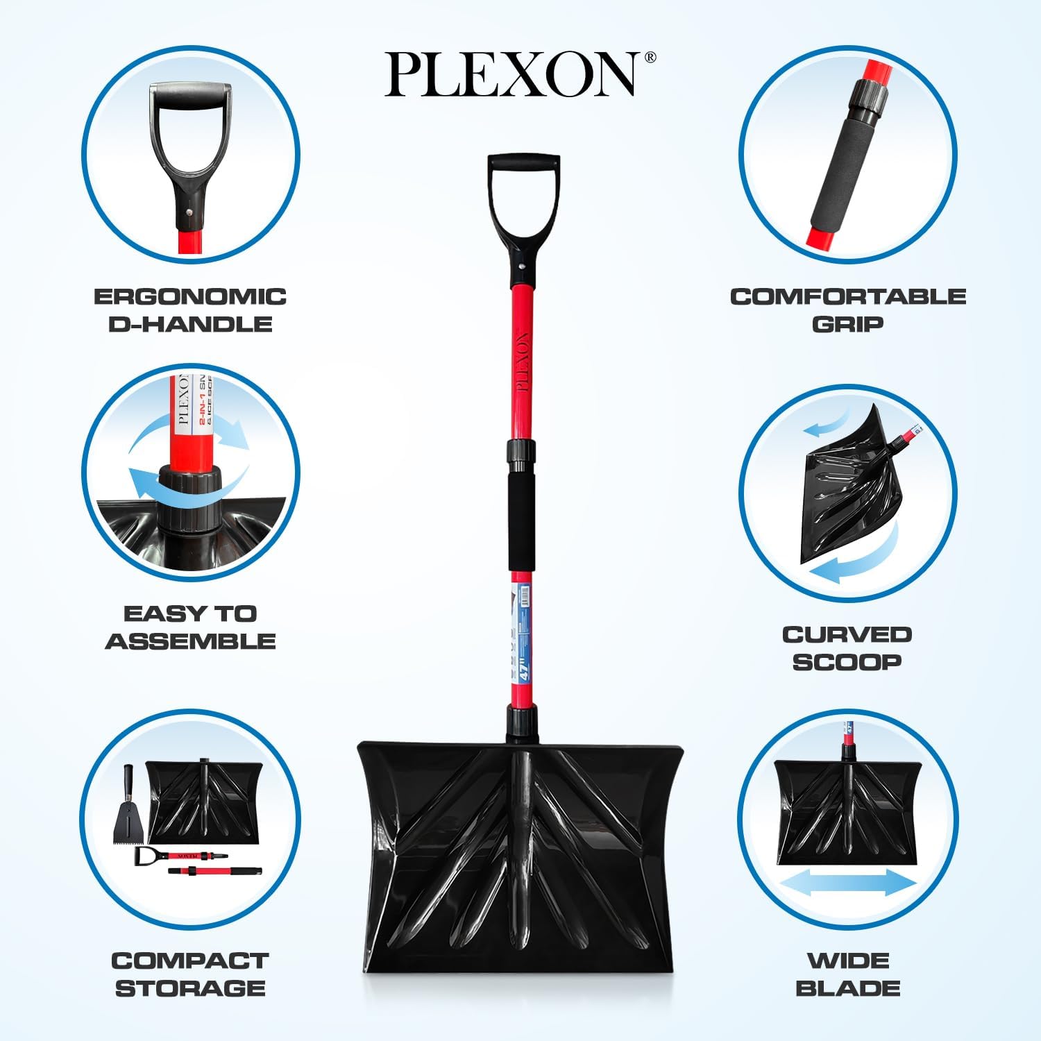 PLEXON Snow Shovel for Driveway Car with Ice Chopper - Ergonomic Collapsible Lightweight Folding Fiberglass Snow Pusher for Snow Removal and Breaking Ice - 18" Width 47", Black, Red