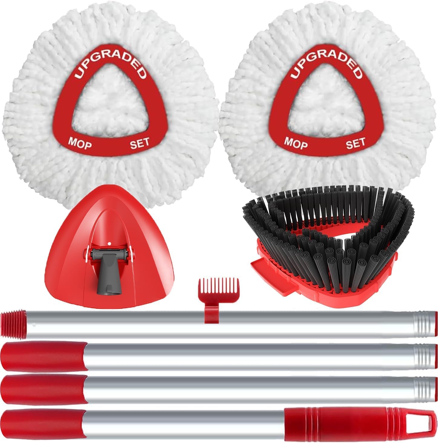 2 Spin Mop Replace Head Compatible with Vileda Turbo System, 30”-58" Mop Handle, Upgraded Triangle Base and Scrub Brush Combo Set Replacement, Microfiber Refills