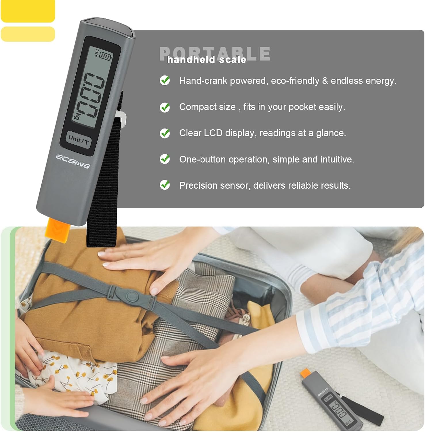 ECSiNG Portable Luggage Scale Battery Free - Digital & Backlit LCD Display, Luggage Weight Scale, 110 lbs/50 kg, For Travel, Airplane, Shipping, Shopping, Outdoor
