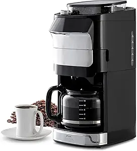 12-Cup Digital Drip Coffee Maker with Built-In Burr Grinder, Programmable, Reusable Filter, Refillable Water Tank, Warming Plate, Glass Pot