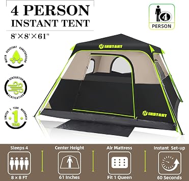 4/6/8/10 Person Instant Tent,Pop Up Tents for Camping with Rainfly | 60 Seconds Easy Setup,Cabin Tent for Family Camping with Expandable Carry Bag & Upgraded Ventilation