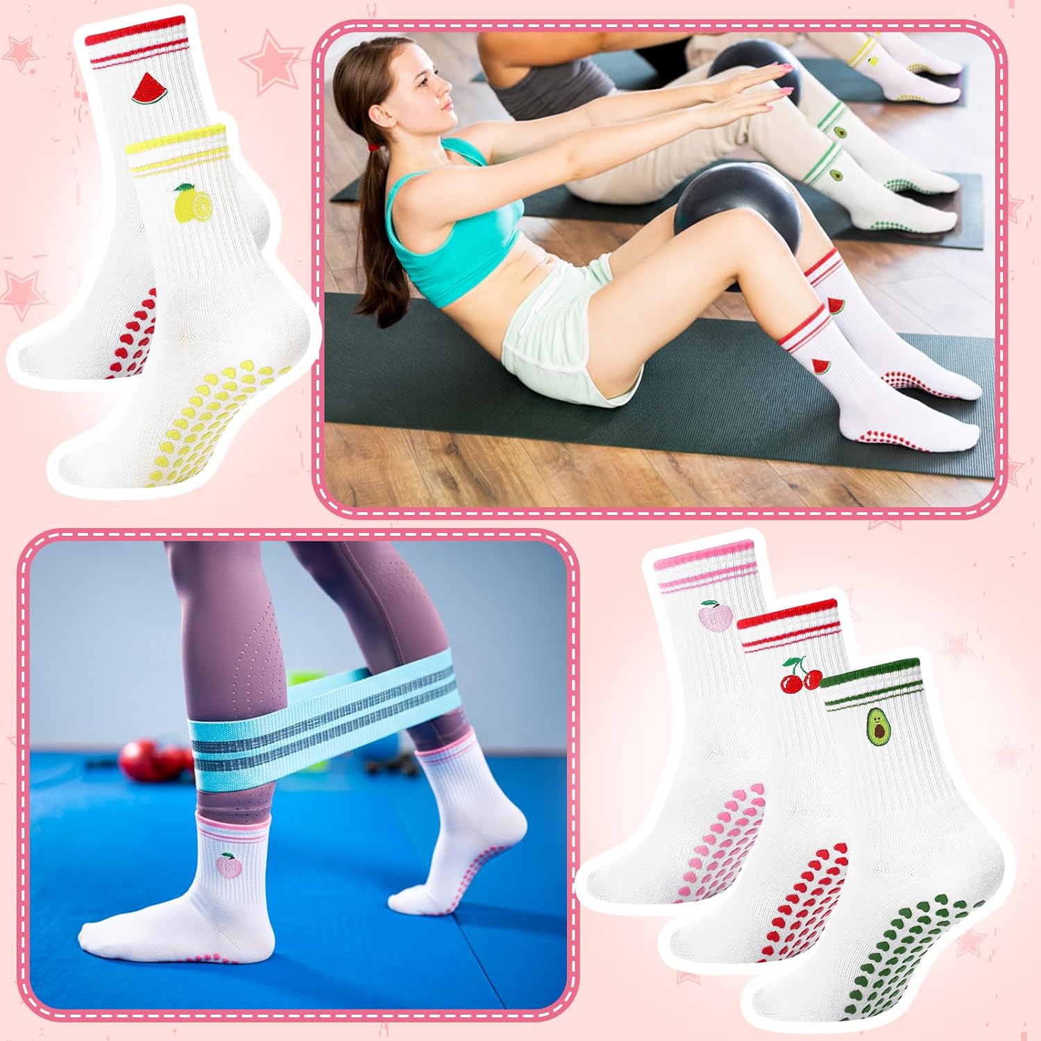 5 Pairs Cute Pilates Grip Socks for Women Fruit Yoga Non Slip Cotton Grippy Barre Crew Socks for Ladies Girls Workout Hospital Ballet Gift - Image 5