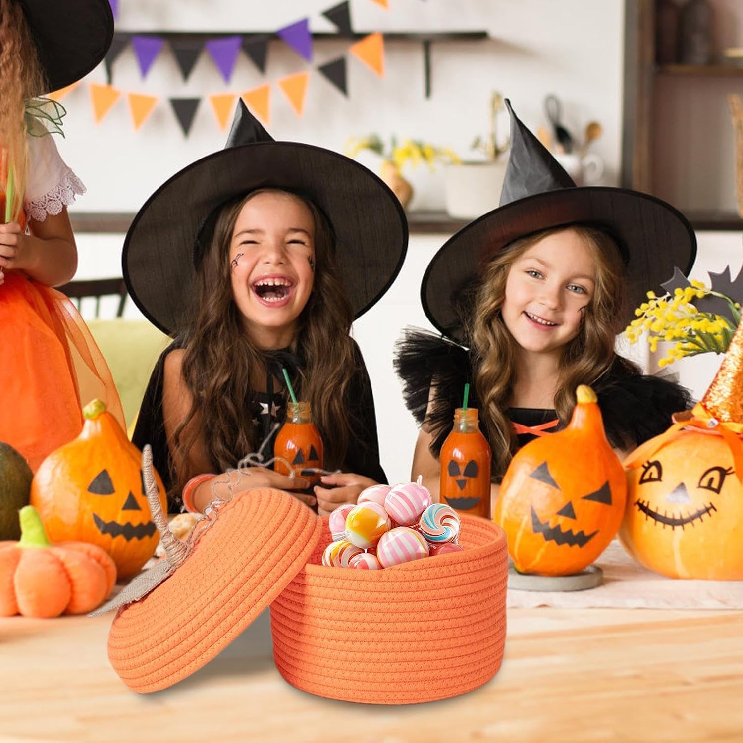 Halloween Bucket with Lid Cute Decorative Woven Cotton Rope