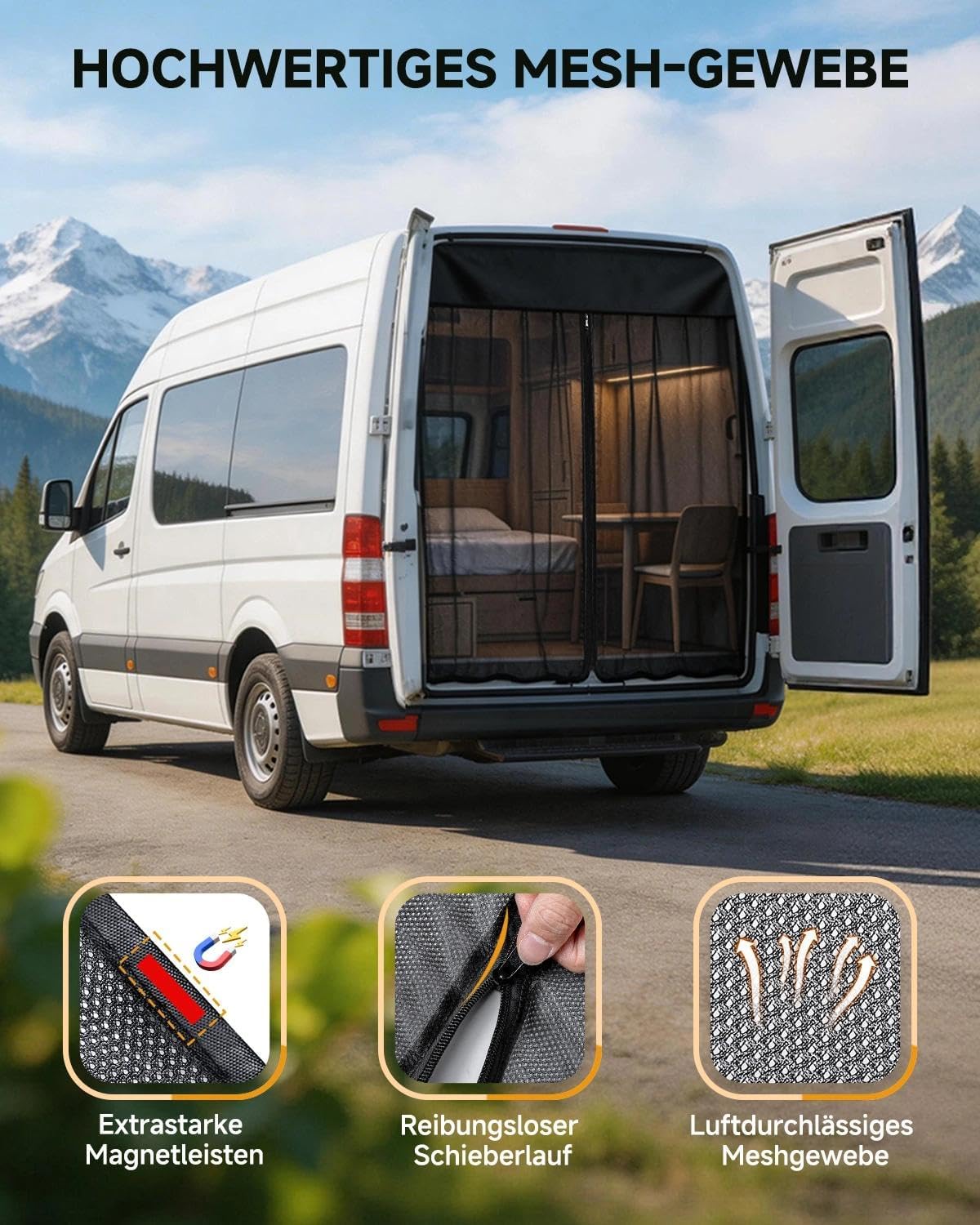 Red de protección solar universal para portón trasero | Con cremallera y imanes para el sol | Compatible con Mercedes Sprinter, VW Crafter, Ford Transit, FIAT Ducato, Opel Movano, Peugeot Boxer