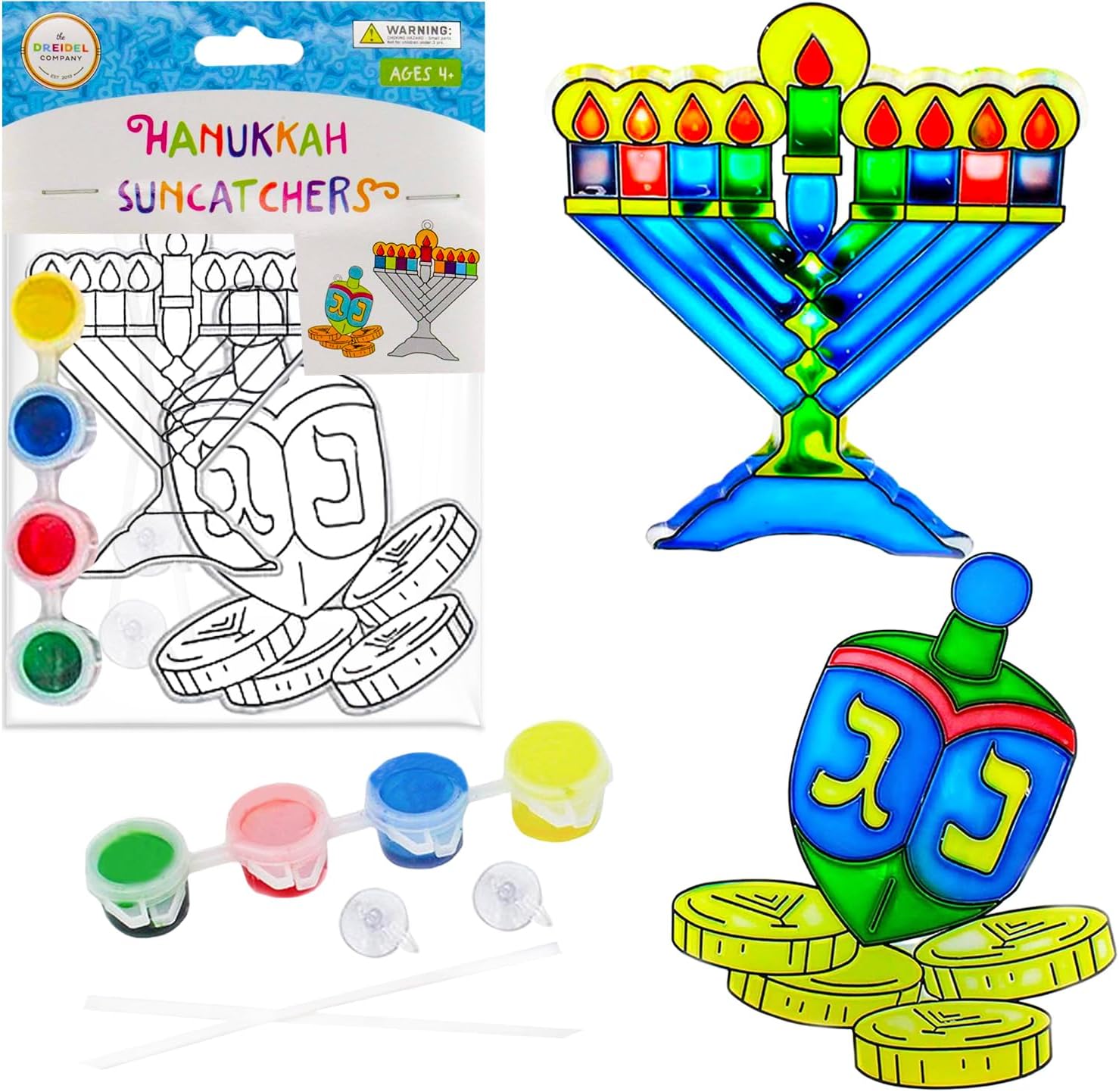The Dreidel Company 12-Pack Hanukkah Sun Catcher - Stained Glass Look - Paint Your on Menorah and Dreidel - Fun and Educational (12-Pack)