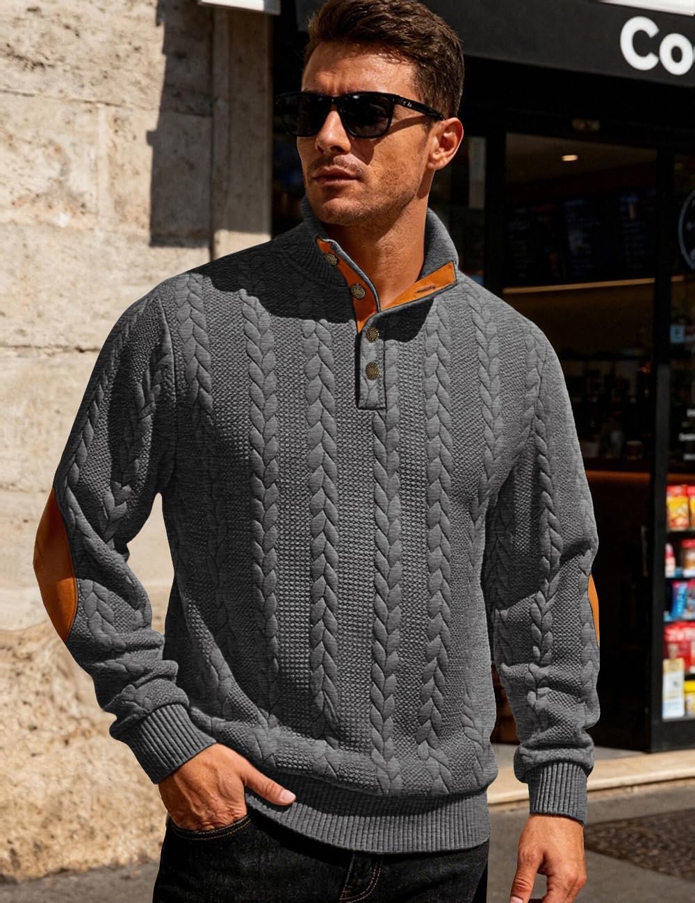 Mens Sweater Knitted Quarter Button Long Sleeve Casual Sweatshirts Quilted Stand Collar Pullover Cable Sweaters - Image 3