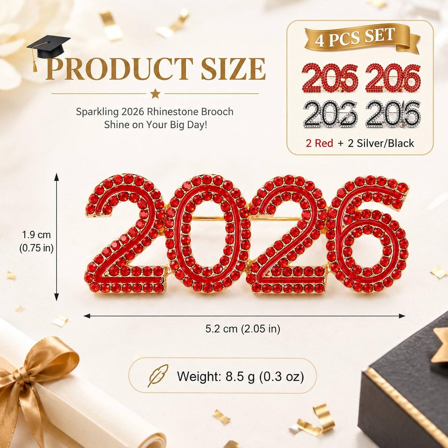 LOGOFUN 4pcs 2026 Rhinestone Brooch Pin Red Silver | For Class of 2026 Graduation, Wedding, Birthday, Celebraion Party Costume Decoration Accessories