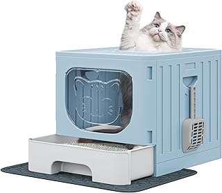 YITAHOME Katzenklo mit Deckel, große geschlossene Katzentoilette, haubenartiges geruchloses Anti-Spritz-Katzenklo mit Schubladen-Abfallwanne, Streuschaufel, Faltbare Katzentoilette mit Haube (Blau)