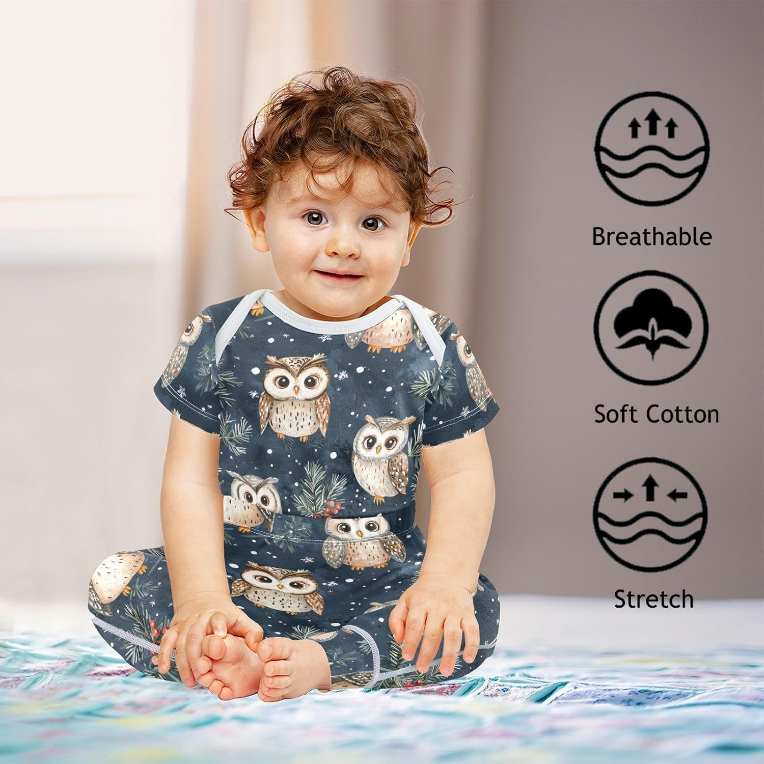vvfelixl Baby Clothes Winter Night Owls Baby Bodysuits Set Unisex Short Sleeve Babys Pants Sets 0-3M