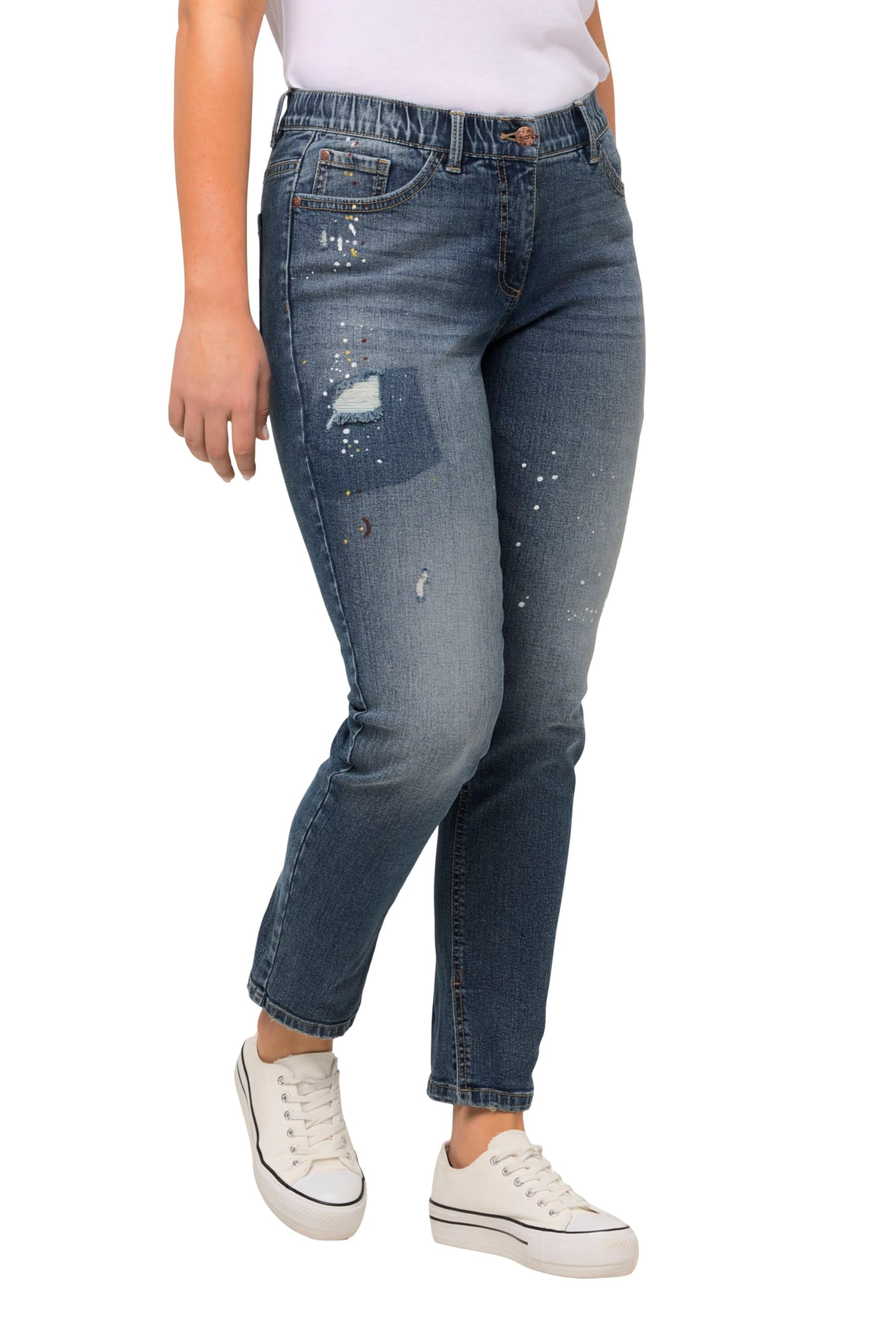 Ulla Popken Damen große Größen Übergrößen Plus Size Jeans Sarah, Destroyeffekte, schmales Bein, Elastikbund 820058