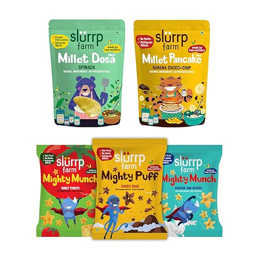 Slurrp Farm Protein Breakfast Combo Pack of 5 | Healthy Breakfast Food | Instant Dosa Mix with Dal | No Maida Banana Chocochip Pancake Mix | Mighty Puff- 3 Flavours- Healthy Snacks, Not Fried