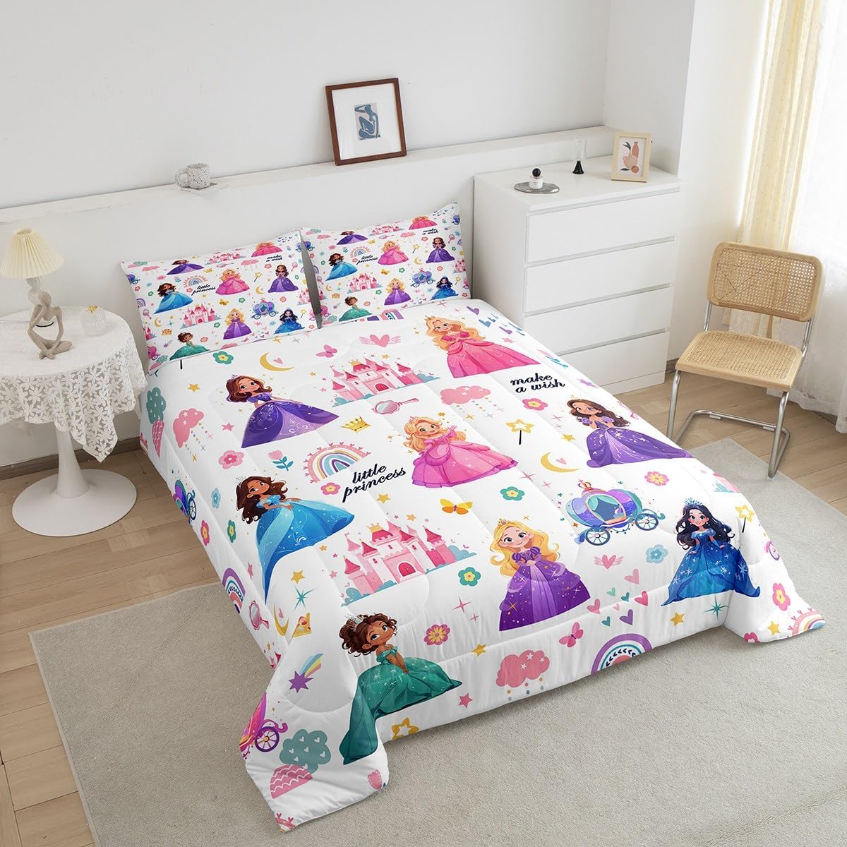 jejeloiu Cute Princess Bedding Set Twin Size Castle Comforter Set for Kids Teens Adults Fairy Dreamy Duvet Quilt Rainbow Flower Room Decor 2Pcs with 1 Pillow Case All Season Soft