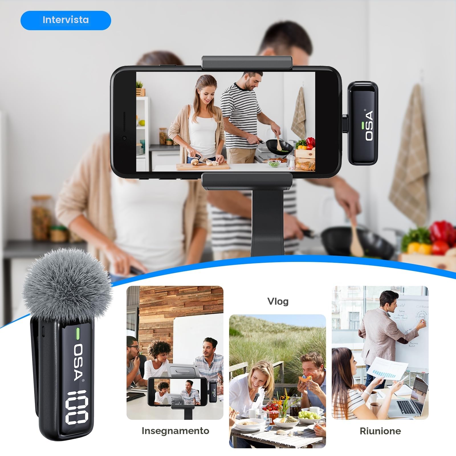 OSA Microfono Lavalier Wireless per iPhone Lightning (Fino a iPhone 14), Mini Microfono Bluetooth con Riduzione Rumore, Display Digitale, per TikTok Vlog YouTube
