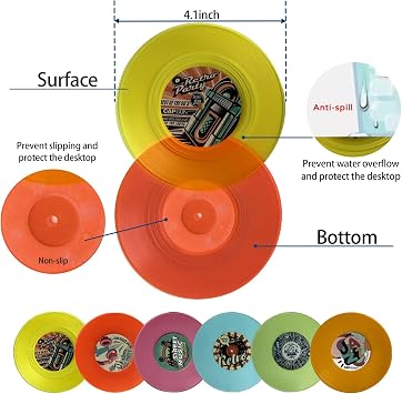 Funny Retro Record Coasters for Drinks with Vinyl Player Holder,Novelty 6 Pieces Vinyl Disk Coasters for Drinks,Bars,Party,Birthday Gifts for Music Lovers,Home Decor and White Elephant IdeasGifts