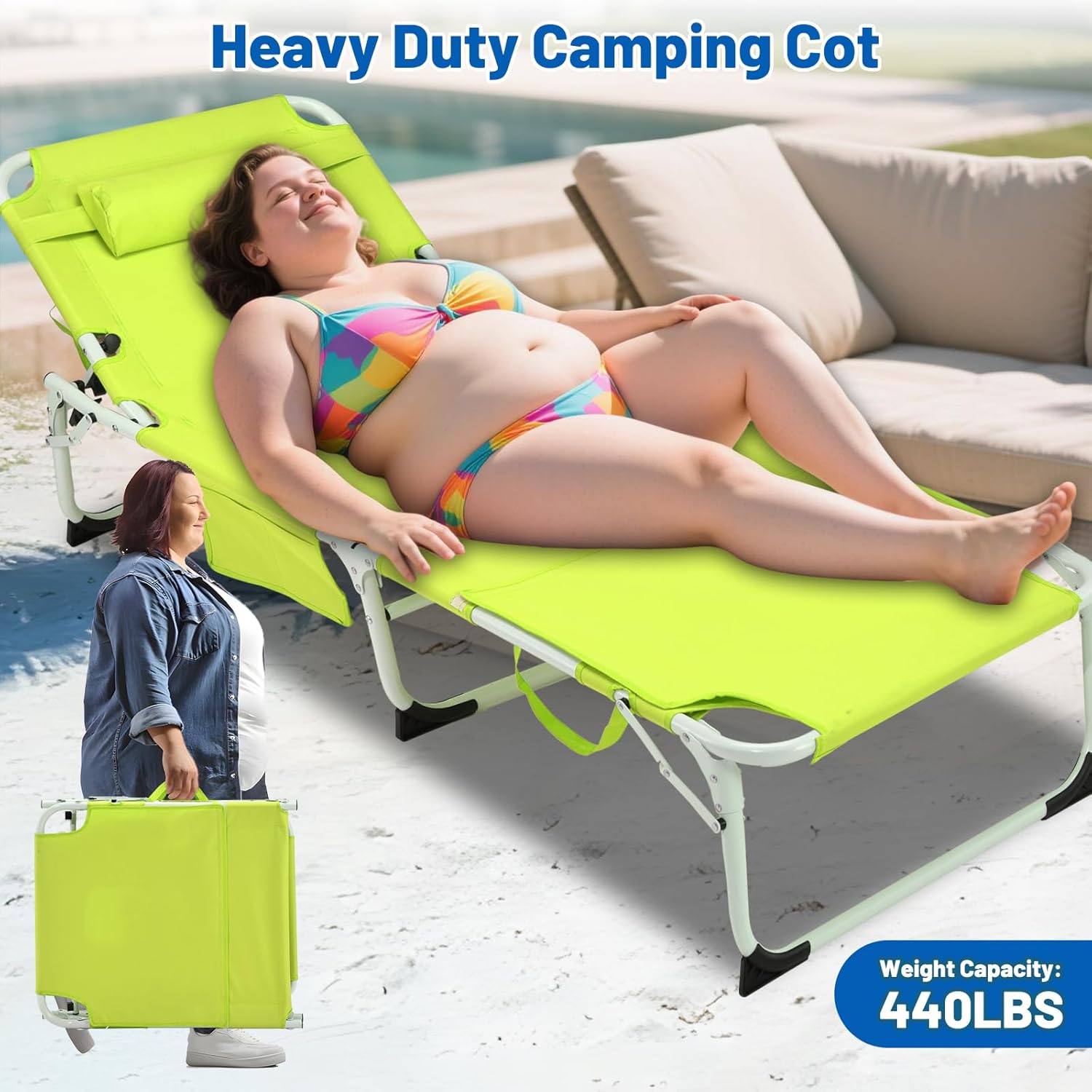 XMT 3-in-1 Tanning Chair with Face Hole for Outside, 5-Position Reclining & Head Cushion – Portable Folding Beach Lounge Chairs for Pool, Lawn, Yard (Green)