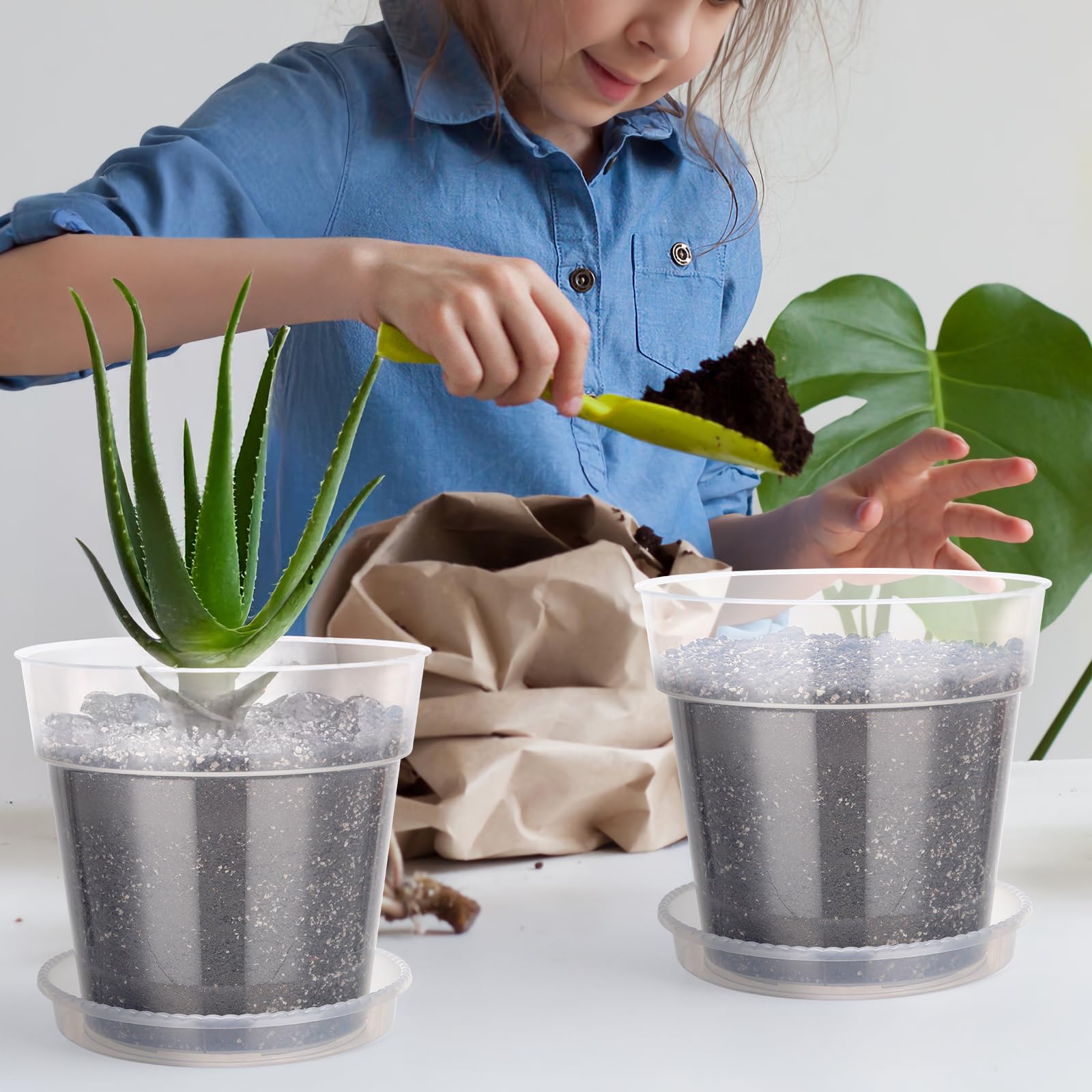 GREANER Lot de 10 grands pots transparents en plastique de 25,4 cm d'épaisseur avec trous de drainage, récipients décoratifs modernes pour intérieur et extérieur avec 10 étiquettes pour plantes