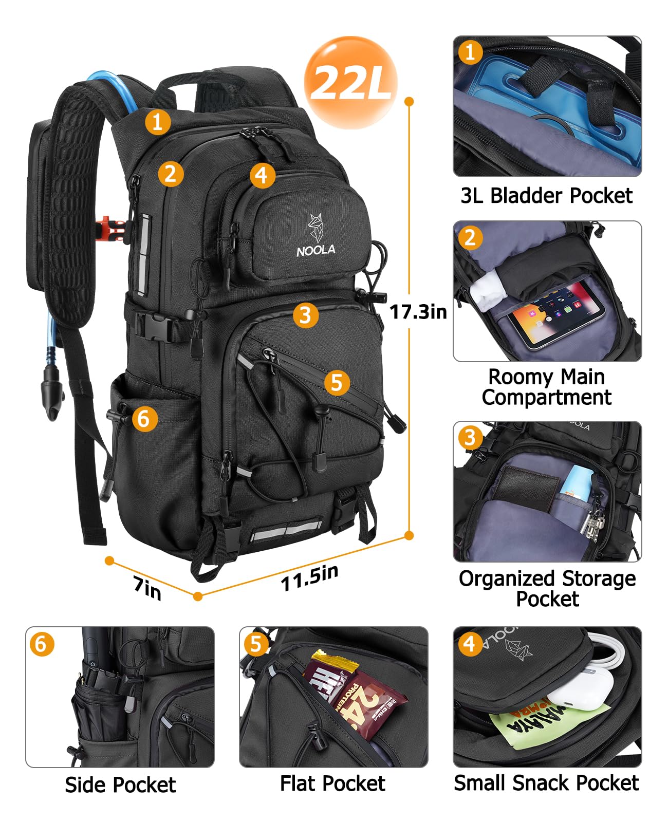 NOOLA Hydration Backpack with 3L Water Bladder - 22L Water Backpack for Hiking, Cycling, Running, Biking - Lightweight Hiking Pack Bag with Rain Cover, Phone Holder and Trekking Pole Holders, Black