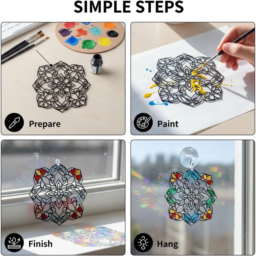 GUIYOUCHEN Flower Stained Glass Window Hangings, DIY Stained Glass Window Kit, Stained Glass Painting Kit for Moms Adults Kids Craft with Paint Tools Home Garden Stained Glass Window Panel (Style B)