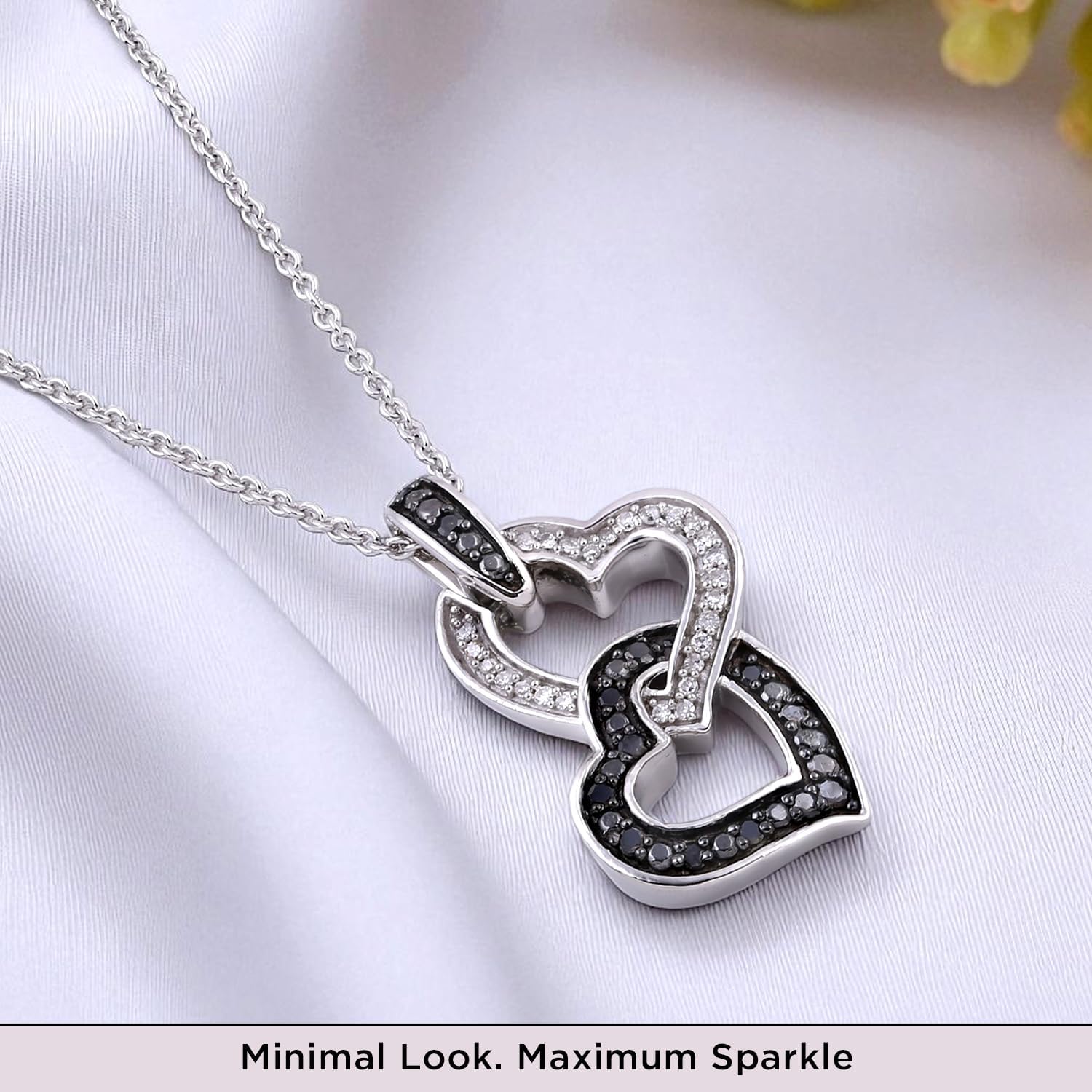 Jewelili Double Heart Necklace Pendant with Treated Blue or Black and Natural White Round Diamonds in Sterling Silver 1/6 CTTW 18 inch Cable Chain