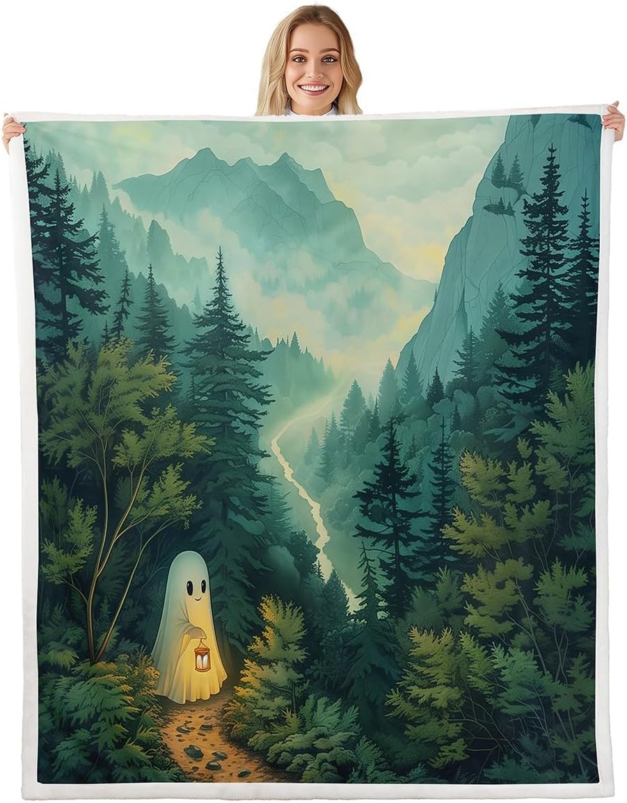 Cartoon Ghost Flannel Blanket,Watercolor Halloween Theme Print Fuzzy Blanket for Children Present,Yellow Floral Green Natural Plant Polyester Throw Blanket for Couch, Twin Size (60 x 80 Inch)