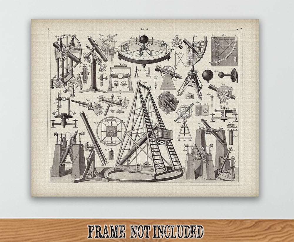 Antique Astronomical Instruments -28x36 Stretched Canvas Poster-Vintage Astronomy 18th Century Telescope Diagram, Historical Scientific Illustration Wall Art, Astronomical Tools Chart, Steampunk Décor