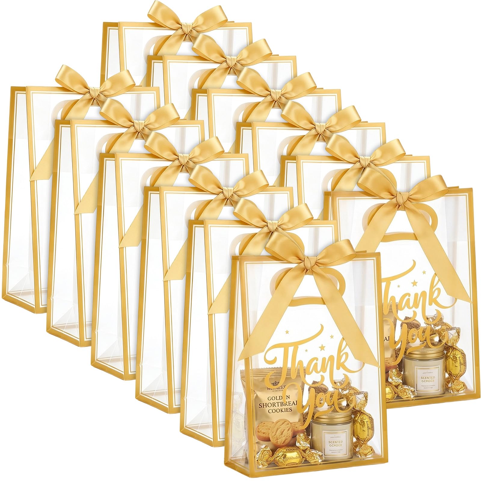 12 Pack Clear Thank You Bags, Gold PVC Gift Bag with Handle & Ribbons Bow, Reusable Party Bags for Baby Shower, Birthday, Wedding Favors, 18x8x26 cm