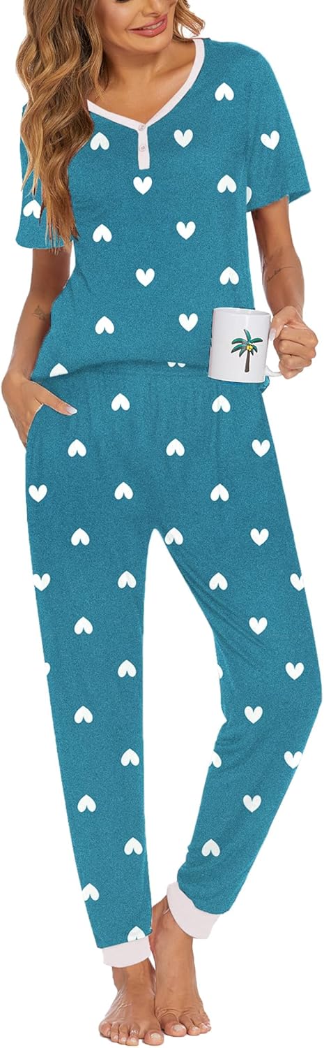 Ekouaer Pajamas for Women Set 2 Piece Lounge Set Short Sleeve Pjs Joggers Long Pants Sleepwear with Pockets