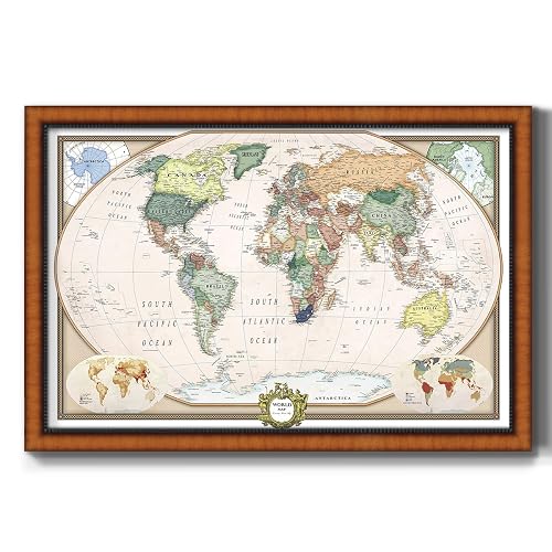 Renditions Gallery Colorful World Map Canvas Wall Art with Pecan Frame